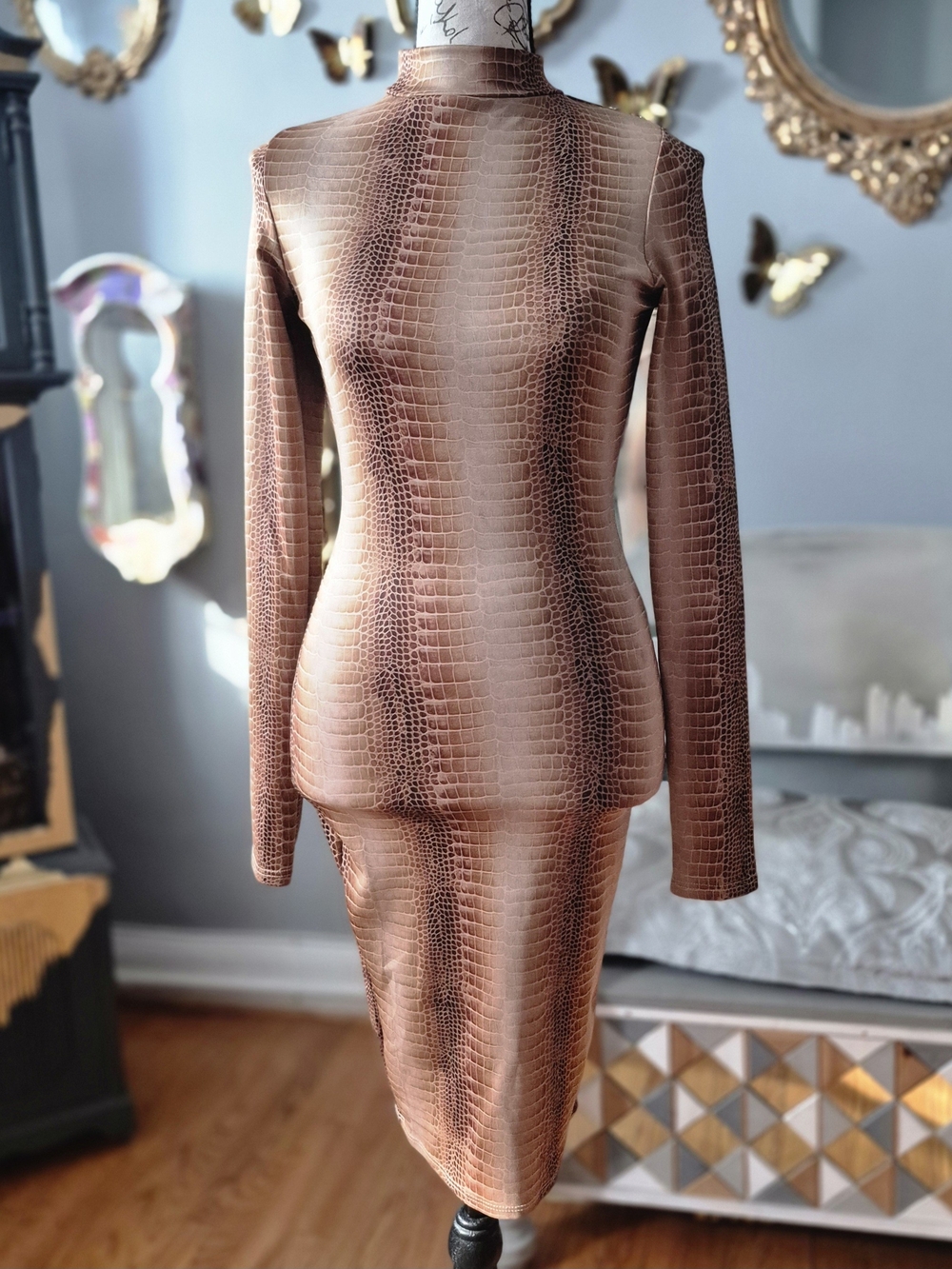 Faux Snake Textured Bodycon Dress Set in Rich Copper XS